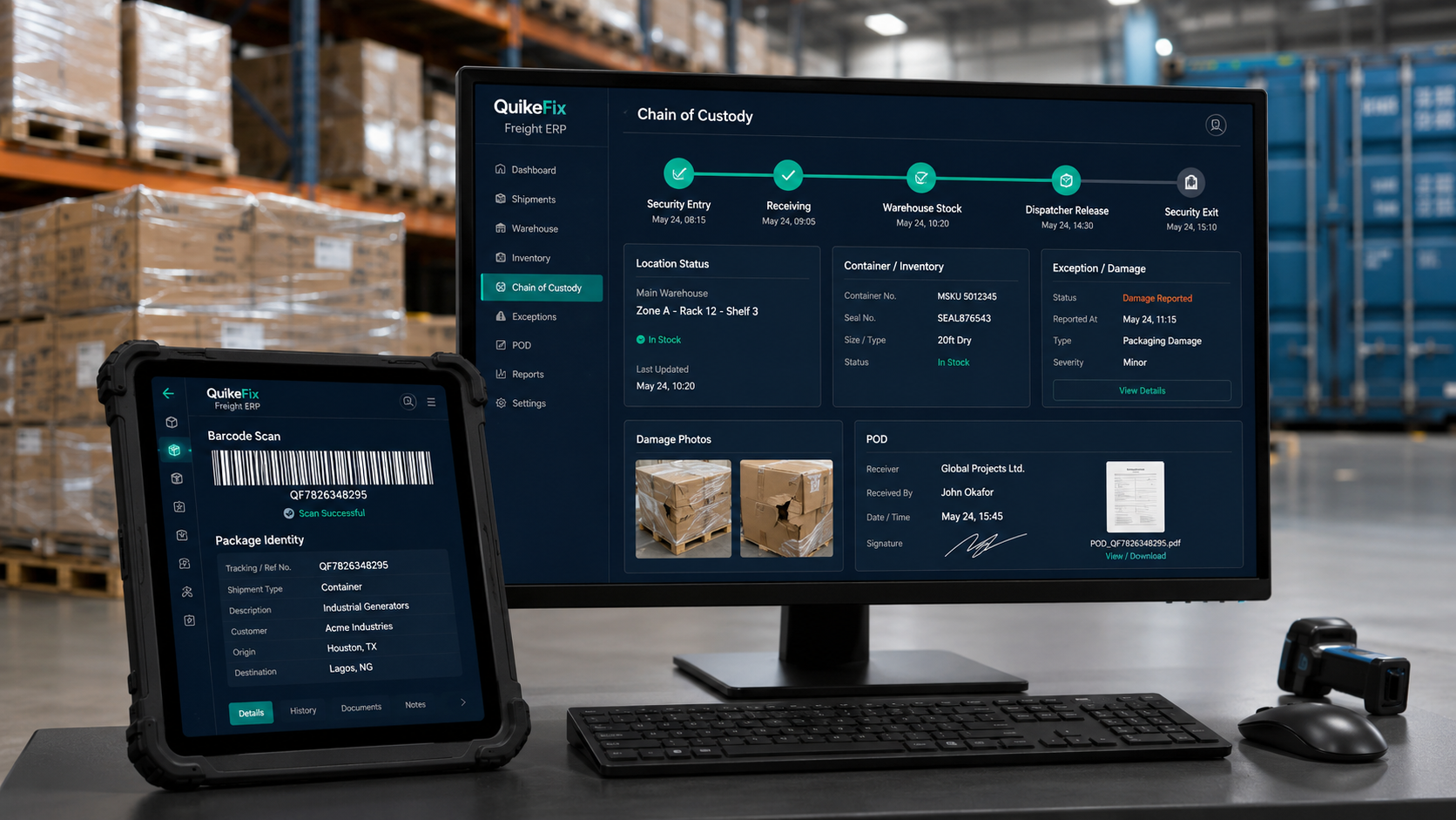 QuikeFix Freight barcode scanning and warehouse chain-of-custody dashboard