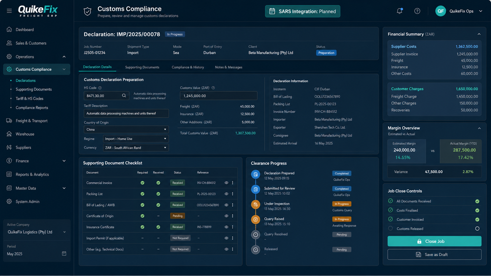 QuikeFix Freight customs compliance and financial controls with SARS integration marked as planned