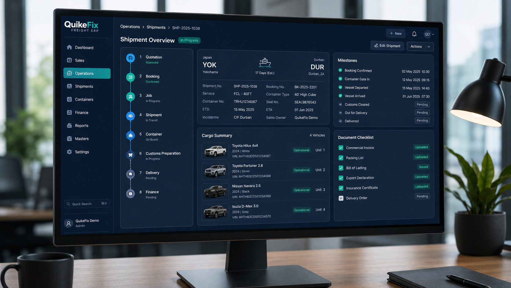 QuikeFix Freight shipment dashboard showing quotation, booking, job, container and delivery workflow
