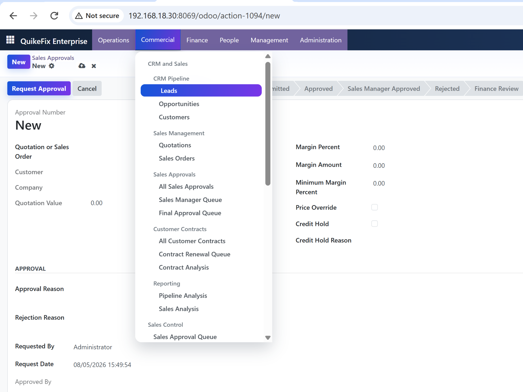 QuikeFix Enterprise ERM sales approval and CRM workflow