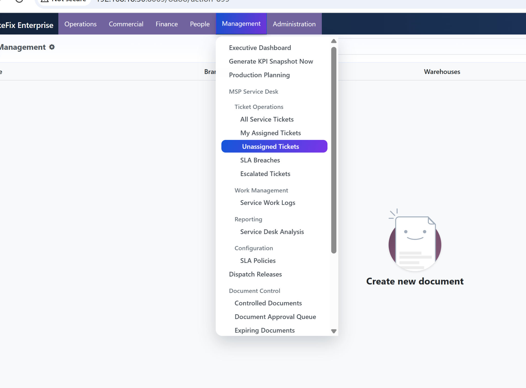 QuikeFix service desk management software ticket and SLA menu