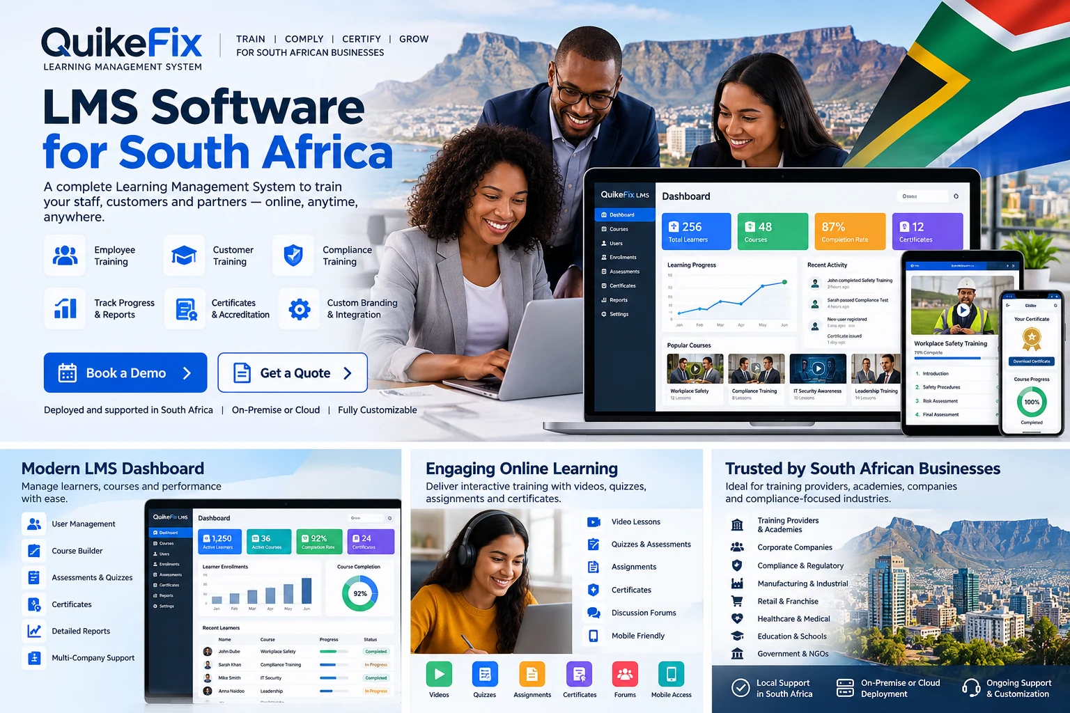 QuikeFix learning management system dashboard for South African organisations